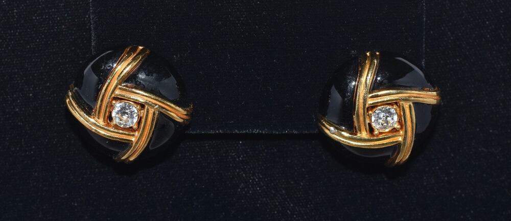 VINTAGE CINER DESIGNER BLACK & GOLD ART DECO RHINESTONE CIP-ON EARRINGS